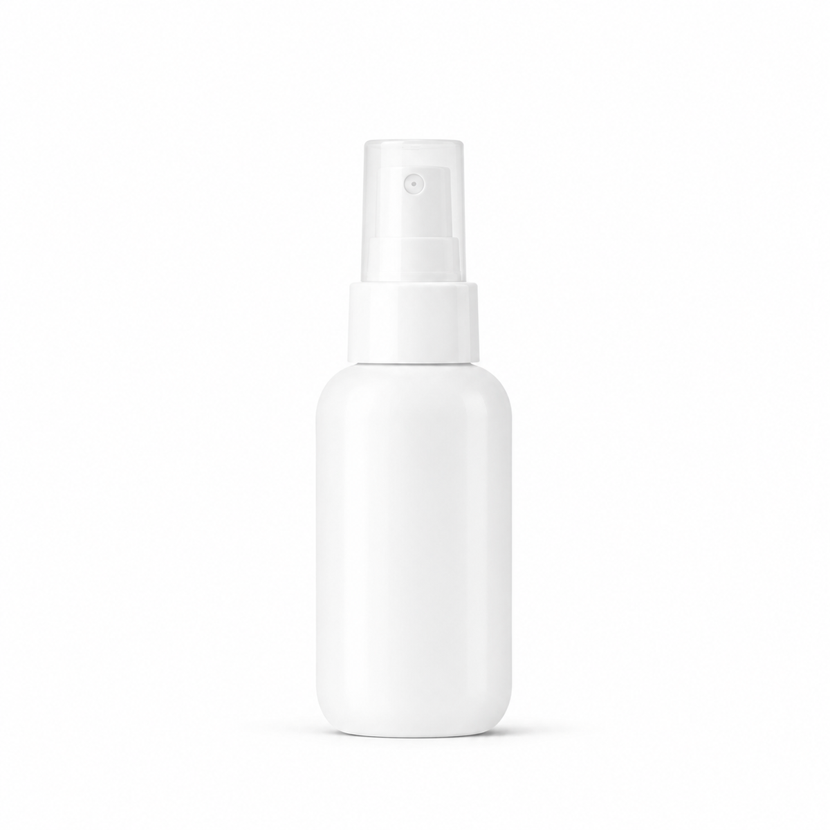 A blank white plastic spray bottle with a matching white spray nozzle, centered on a seamless white background.